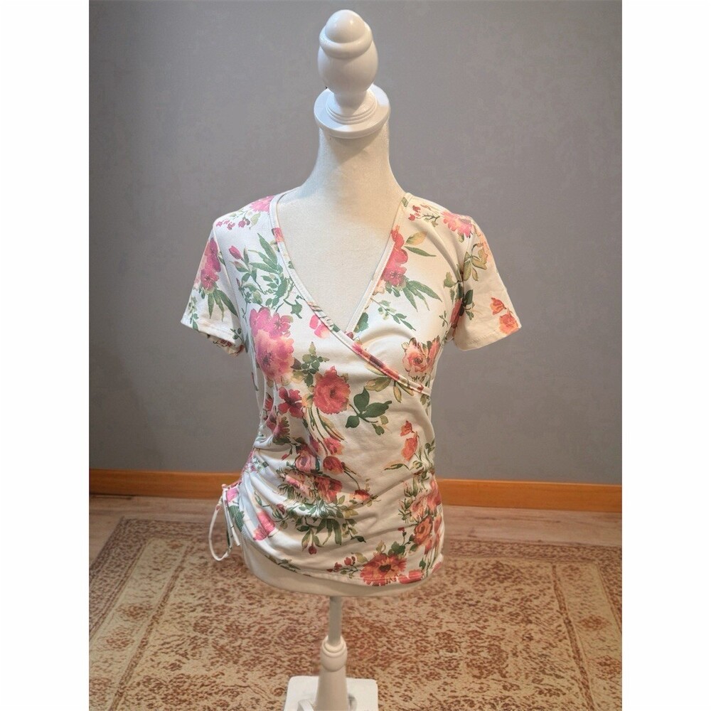 Ragdoll Blouse Womens Size L Ivory Floral Wrap V-Neck Ruched Side Tie
